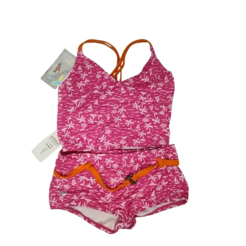 Speedo Tropical Breeze Girls Swimsuit 2 Piece Size 12 NWT Pink with White Palm